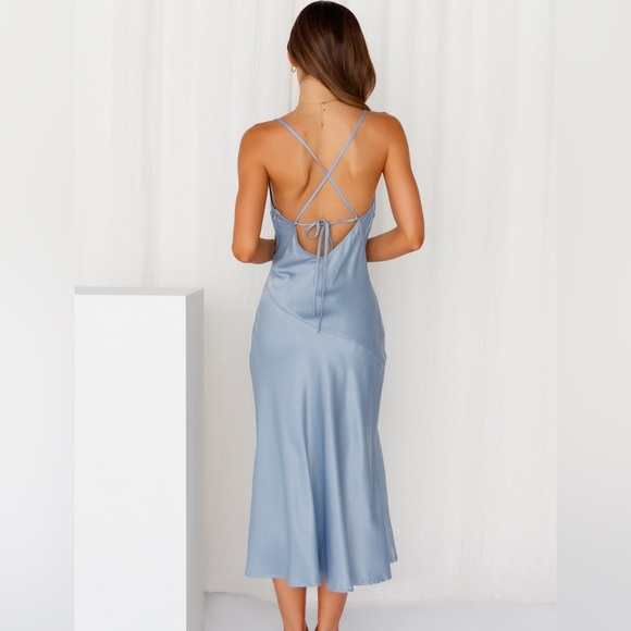 Hello Molly | Drinks on Me Blue Midi Satin Slip Dress Blue - Picture 2 of 5